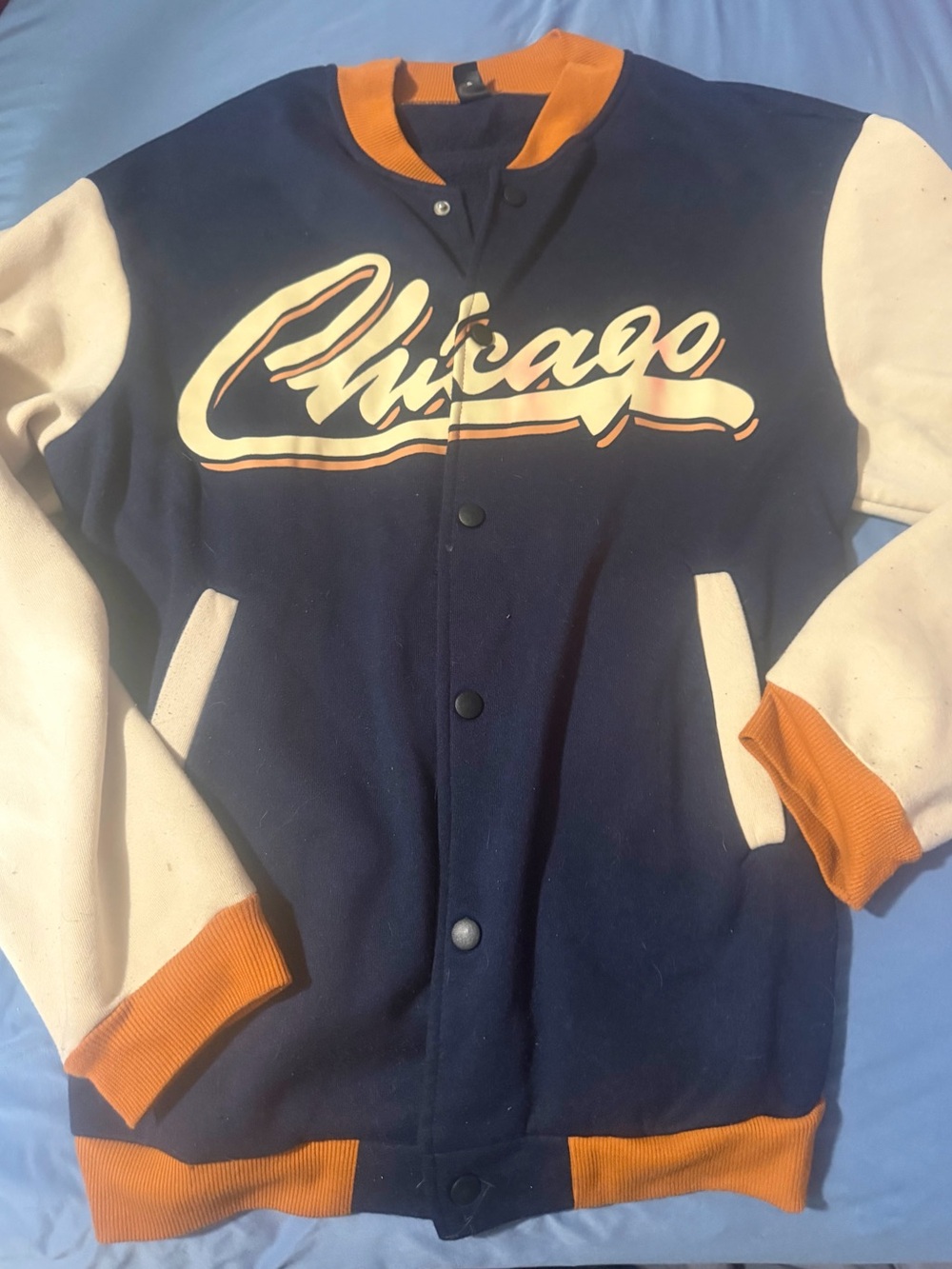 Chicago Script Letterman Jacket in Navy, Cream & Orange